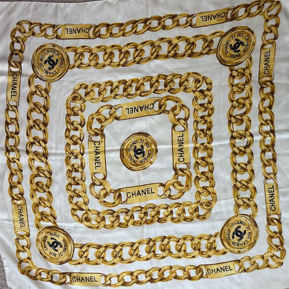 CHANEL White and Gold Chain Print Silk Scarf
